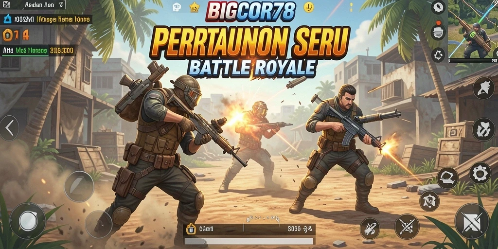 Tangkapan layar utama BIGCOR78 menampilkan aksi Battle Royale yang mendebarkan.