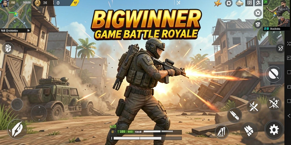 Tangkapan layar utama BIGWINNER menampilkan aksi mendebarkan dalam pertempuran Battle Royale.