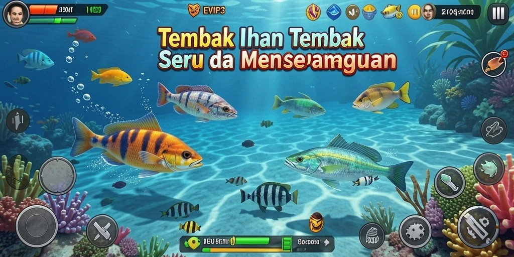 Tampilan gameplay seru dalam EVIP3 dengan aksi tembak ikan.