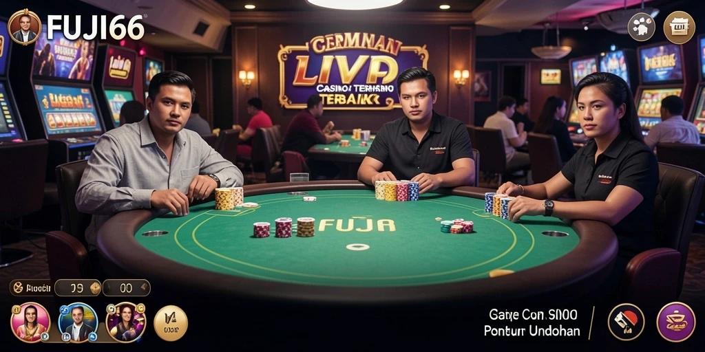 Screenshot gameplay FUJI66 yang menampilkan dealer dan meja permainan.