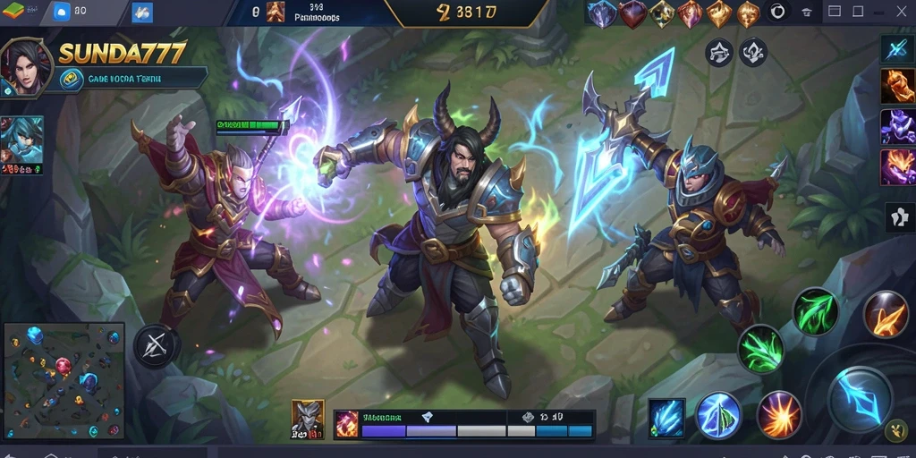 Screenshot SUNDA777 menampilkan aksi intens dalam pertarungan MOBA.